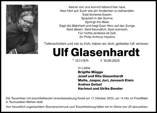 Traueranzeige von Ulf Glasenhardt von Wiesbadener Kurier