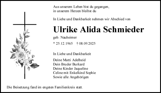 Traueranzeige von Ulrike Alida Schmieder von Allgemeine Zeitung Mainz Traueranzeige von Ulrike Alida Schmieder von Allgemeine Zeitung Mainz