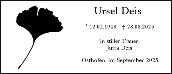 Traueranzeige von Ursel Deis von Wormser Zeitung