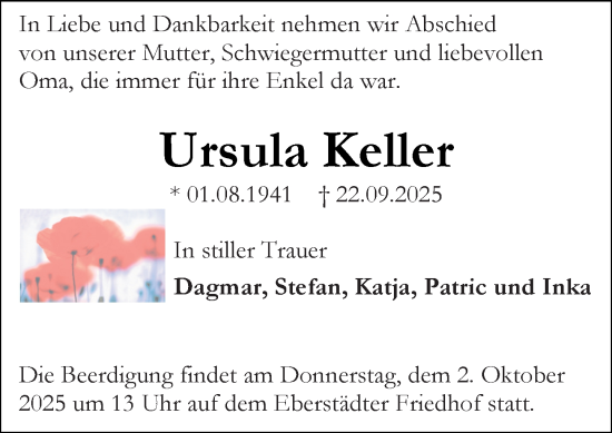 Traueranzeige von Ursula Keller von Darmstädter Echo Traueranzeige von Ursula Keller von Darmstädter Echo