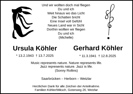 Traueranzeige von Ursula Köhler von Dill Block