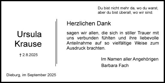 Traueranzeige von Ursula Krause von Dieburger Anzeiger/Groß-Zimmerner Lokal-Anzeiger