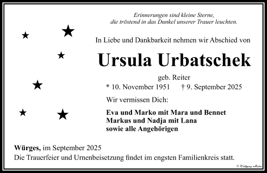 Traueranzeige von Ursula Urbatschek von Camberger Anzeiger