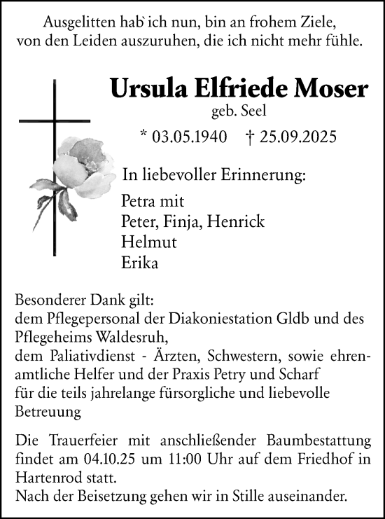 Traueranzeige von Ursula Elfriede Moser von Hinterländer Anzeiger