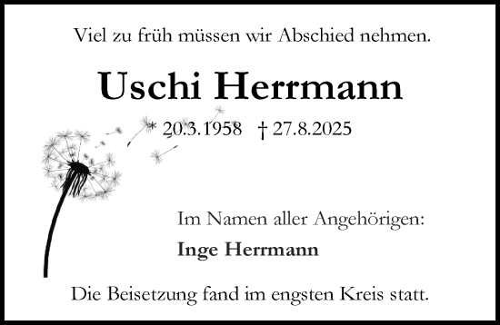 Traueranzeige von Uschi Herrmann von Darmstädter Echo