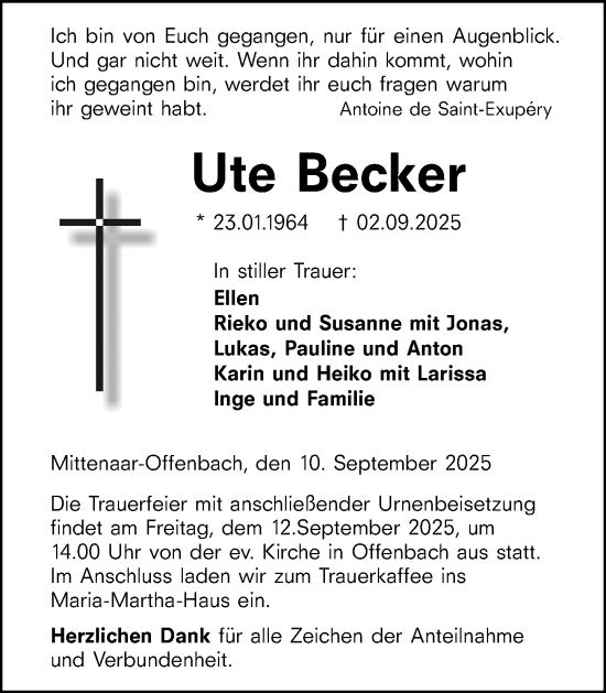 Traueranzeige von Ute Becker von Dill Block