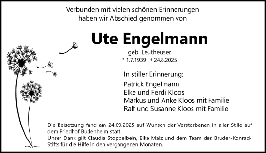 Traueranzeige von Ute Engelmann von Allgemeine Zeitung Mainz