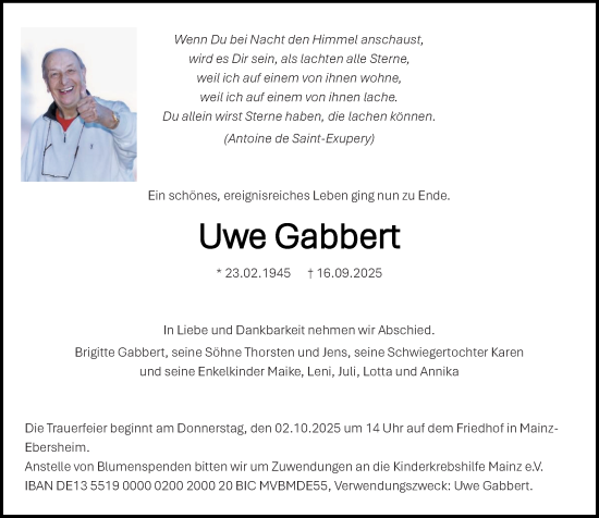 Traueranzeige von Uwe Gabbert von Allgemeine Zeitung Mainz
