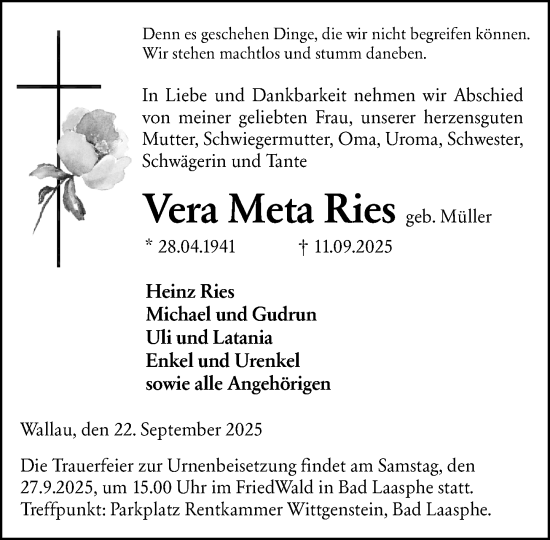 Traueranzeige von Vera Meta Ries von Hinterländer Anzeiger Traueranzeige von Vera Meta Ries von Hinterländer Anzeiger
