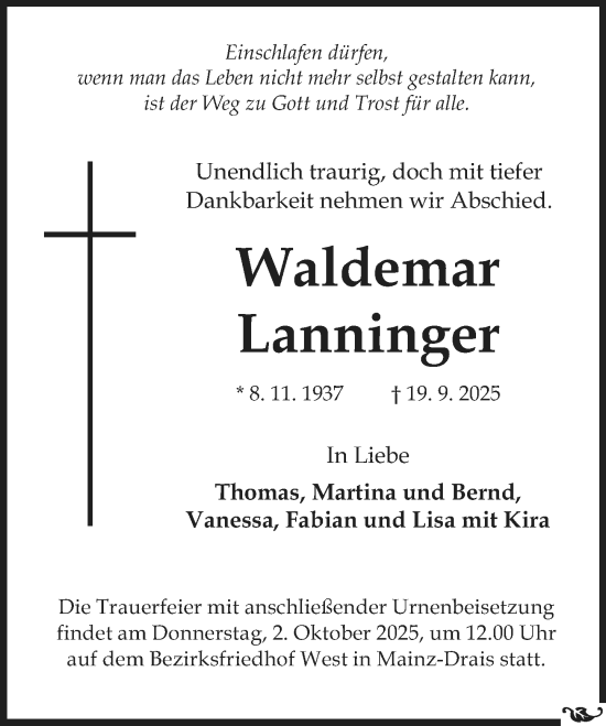Traueranzeige von Waldemar Lanninger von Allgemeine Zeitung Mainz Traueranzeige von Waldemar Lanninger von Allgemeine Zeitung Mainz