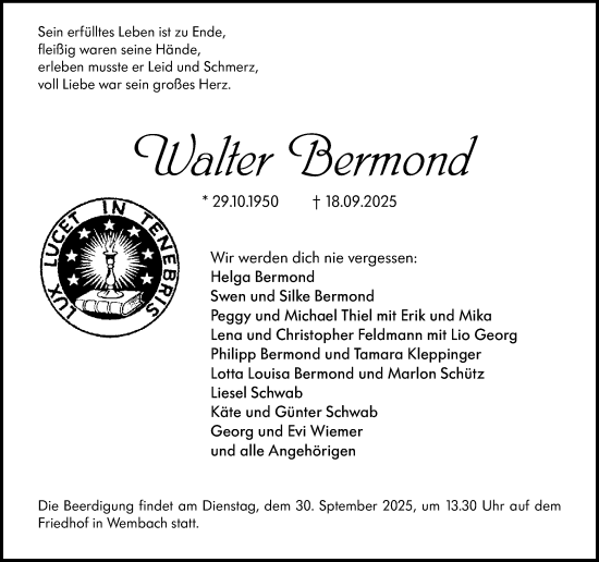 Traueranzeige von Walter Bermond von Darmstädter Echo