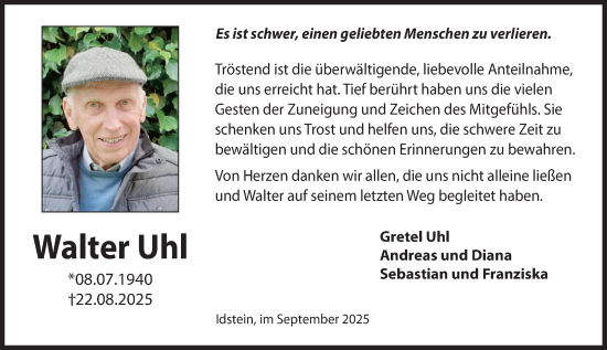 Traueranzeige von Walter Uhl von Idsteiner Land/Untertaunus Traueranzeige von Walter Uhl von Idsteiner Land/Untertaunus