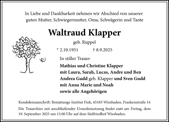 Traueranzeige von Waltraud Klapper von Wiesbadener Kurier