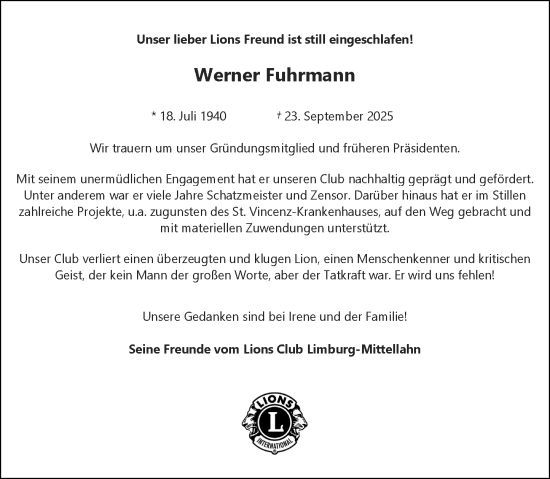 Traueranzeige von Werner Fuhrmann von Nassauische Neue Presse Traueranzeige von Werner Fuhrmann von Nassauische Neue Presse