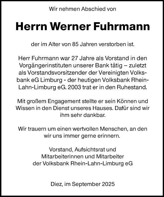 Traueranzeige von Werner Fuhrmann von Nassauische Neue Presse Traueranzeige von Werner Fuhrmann von Nassauische Neue Presse