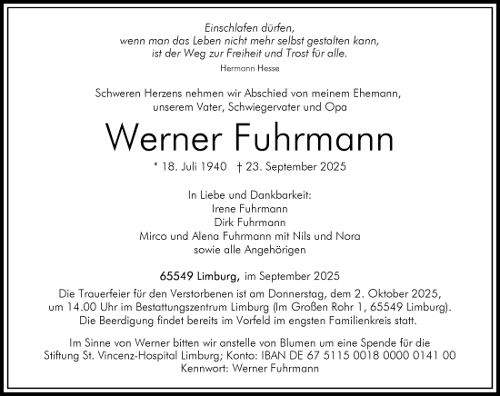 Traueranzeige von Werner Fuhrmann von Nassauische Neue Presse Traueranzeige von Werner Fuhrmann von Nassauische Neue Presse