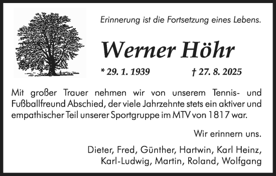 Traueranzeige von Werner Höhr von Allgemeine Zeitung Mainz