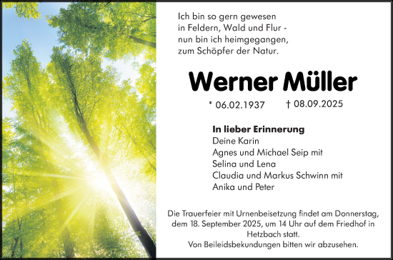 Traueranzeige von Werner Müller von Odenwälder Echo