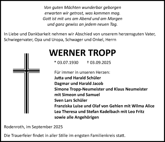 Traueranzeige von Werner Tropp von Dill Block