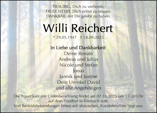 Traueranzeige von Willi Reichert von Odenwälder Echo Traueranzeige von Willi Reichert von Odenwälder Echo