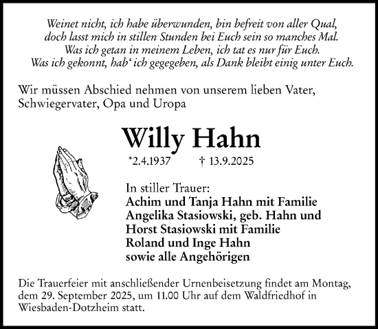 Traueranzeige von Willy Hahn von Wiesbadener Kurier Traueranzeige von Willy Hahn von Wiesbadener Kurier