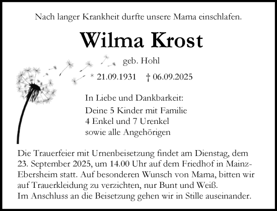 Traueranzeige von Wilma Krost von Allgemeine Zeitung Mainz