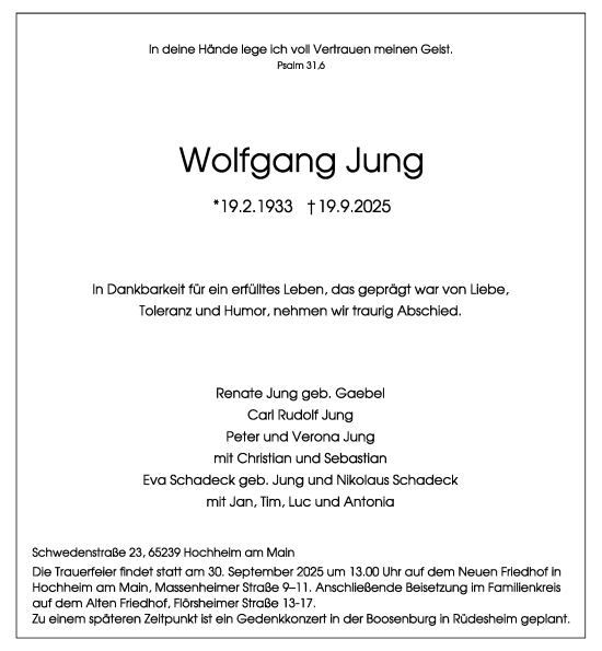 Traueranzeige von Wolfgang Jung von Wiesbadener Kurier