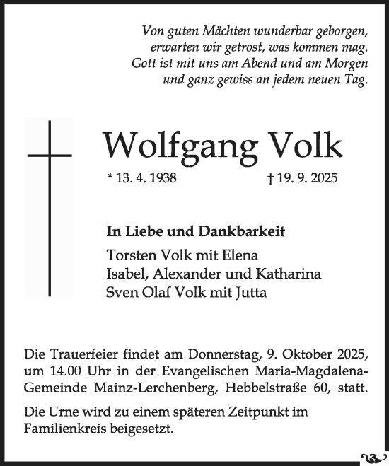 Traueranzeige von Wolfgang Volk von Allgemeine Zeitung Mainz Traueranzeige von Wolfgang Volk von Allgemeine Zeitung Mainz