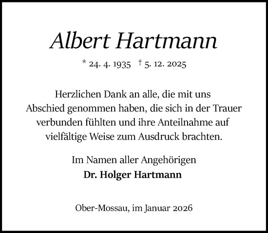 Traueranzeige von Albert Hartmann von Odenwälder Echo