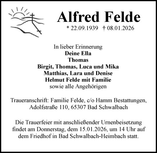Traueranzeige von Alfred Felde von Idsteiner Land/Untertaunus