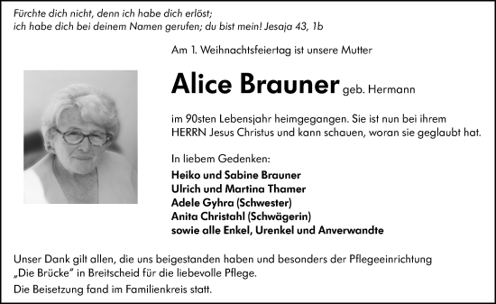 Traueranzeige von Alice Brauner von Dill Block