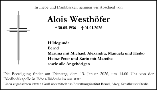Traueranzeige von Alois Westhöfer von Allgemeine Zeitung Alzey
