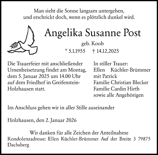 Traueranzeige von Angelika Susanne Post von Wetzlarer Neue Zeitung