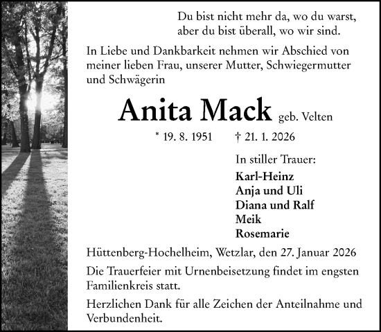 Traueranzeige von Anita Mack von Wetzlarer Neue Zeitung