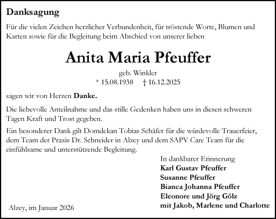 Traueranzeige von Anita Maria Pfeuffer von Allgemeine Zeitung Alzey