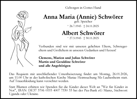 Traueranzeige von Anna Maria Schwörer von Allgemeine Zeitung Mainz