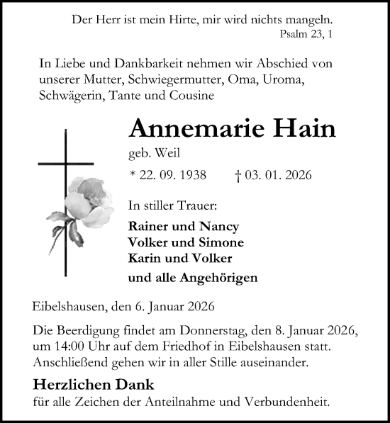 Traueranzeige von Annemarie Hain von Dill Block