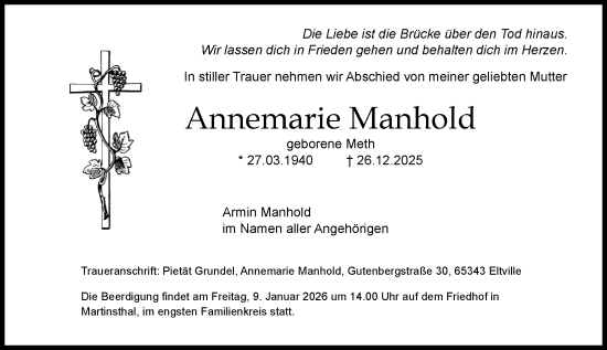Traueranzeige von Annemarie Manhold von Wiesbadener Kurier