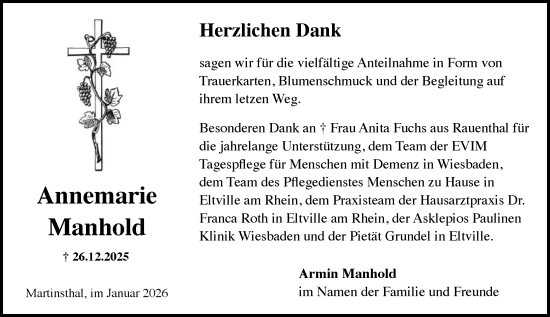 Traueranzeige von Annemarie Manhold von Rheingau Kurier
