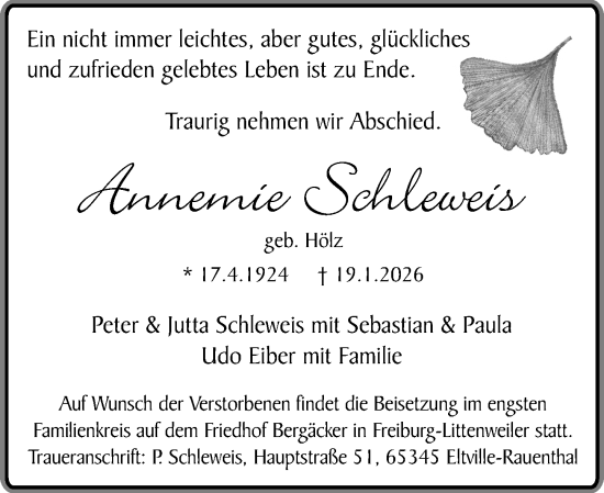 Traueranzeige von Annemie Schleweis von Wiesbadener Kurier
