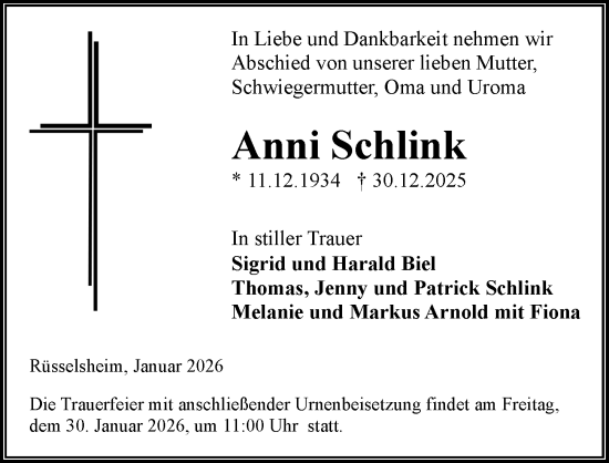 Traueranzeige von Anni Schlink von Rüsselsheimer Echo