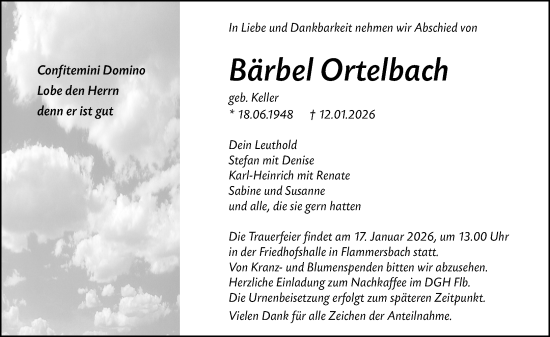 Traueranzeige von Bärbel Ortelbach von Dill Block