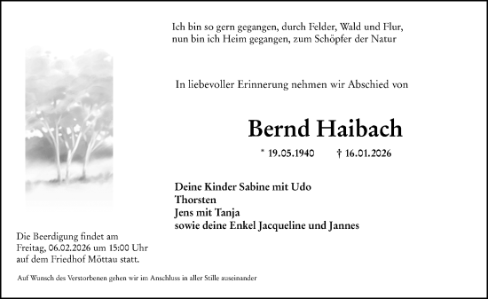 Traueranzeige von Bernd Haibach von Weilburger Tageblatt