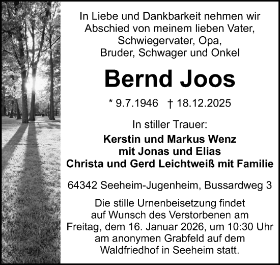 Traueranzeige von Bernd Joos von Darmstädter Echo