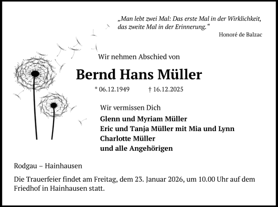 Traueranzeige von Bernd Hans Müller von Groß-Gerauer Echo