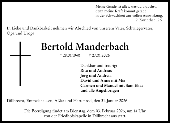 Traueranzeige von Bertold Manderbach von Dill Block