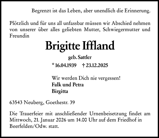 Traueranzeige von Brigitte Iffland von Odenwälder Echo
