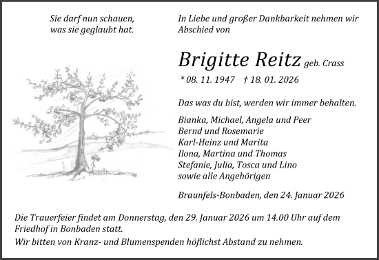 Traueranzeige von Brigitte Reitz von Wetzlarer Neue Zeitung