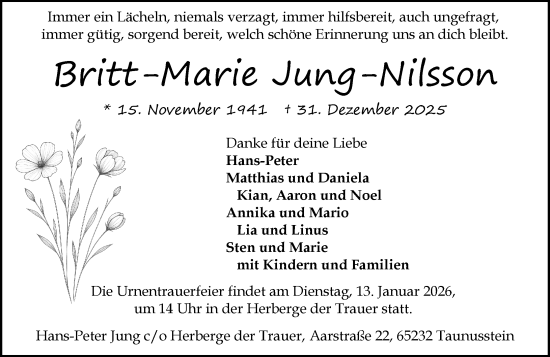 Traueranzeige von Britt-Marie Jung-Nilsson von Idsteiner Land/Untertaunus