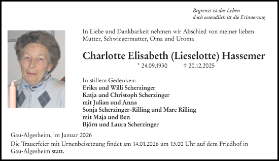 Traueranzeige von Charlotte Elisabeth Hassemer von Allgemeine Zeitung Rheinhessen-Nahe